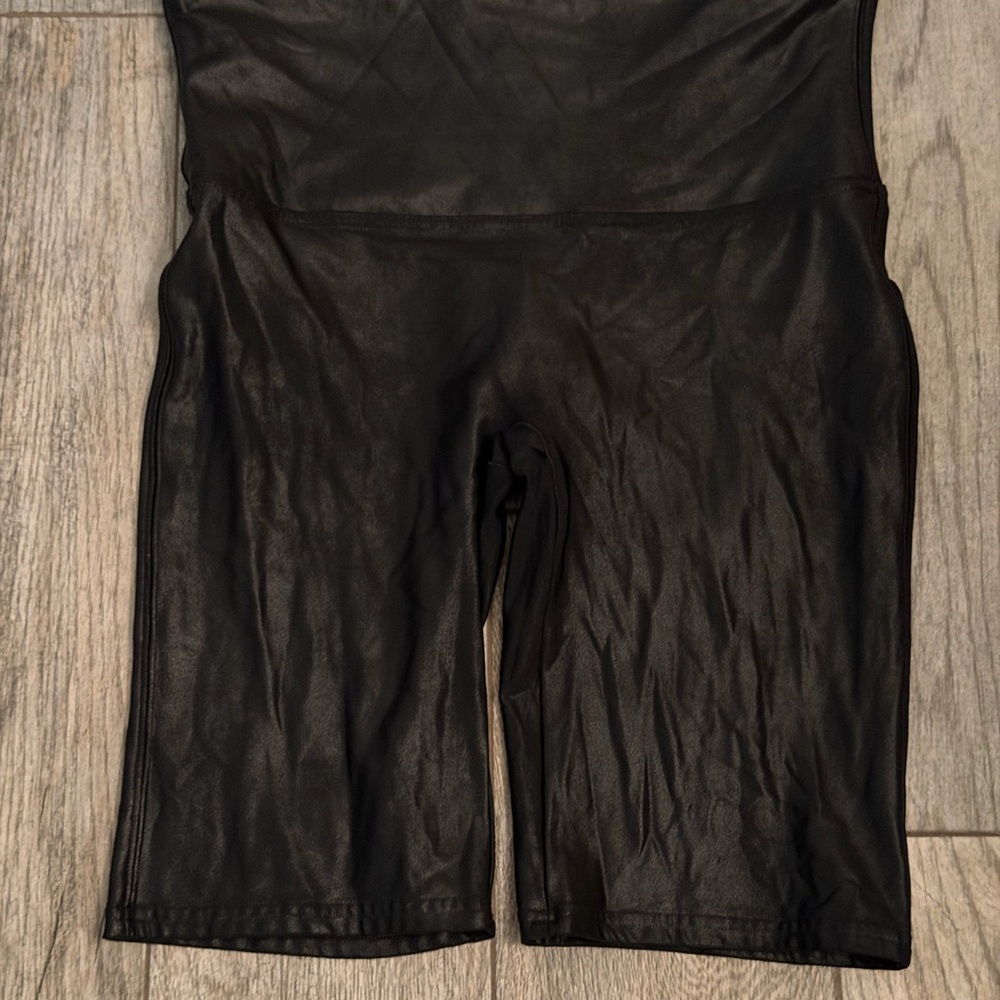 SPANX Black Shiny High-Waist Shorts with Red Logo Tab